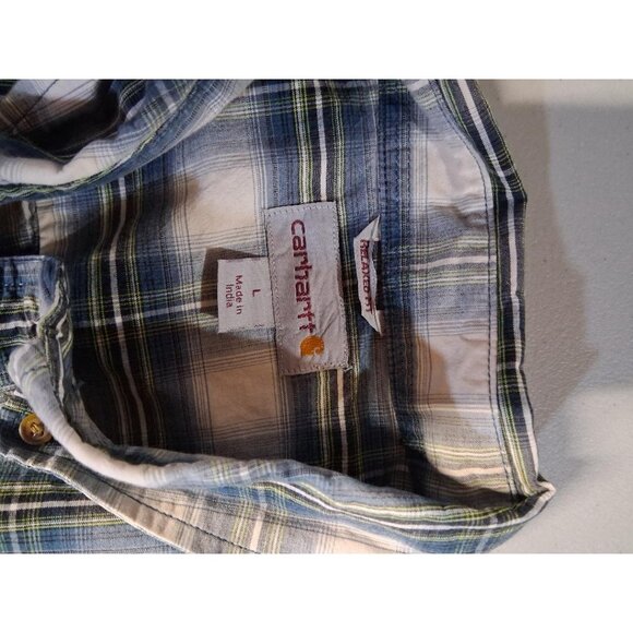 Carhartt Mens Plaid Button-Up Shirt L Regular Green Blue & White 100% Cotton Lon - Picture 4 of 7